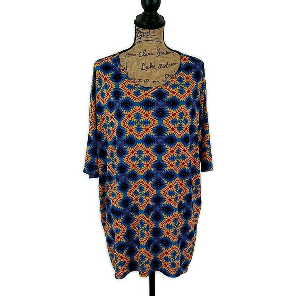 LulaRoe Irma T Shirt Multicolor Geometric Scoop Neck 3/4 Sleeve sz L Retro Artsy